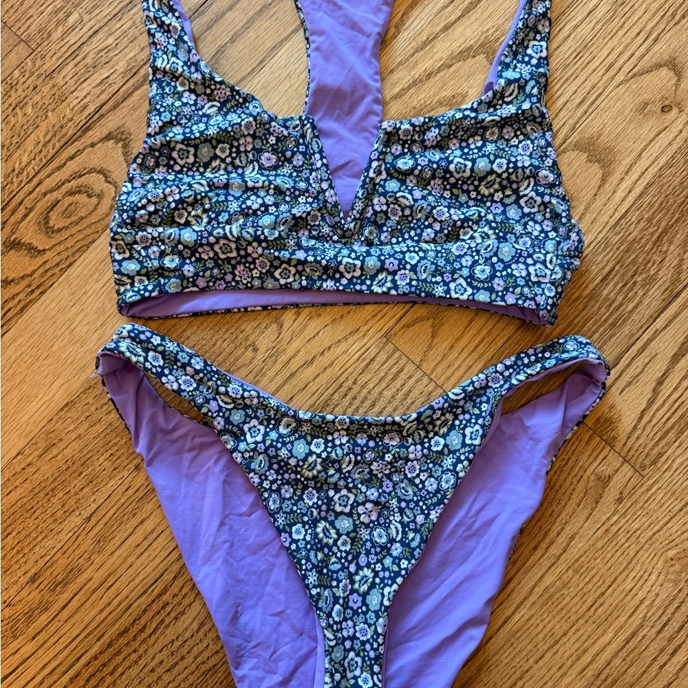 Floral V-Neck Two-Piece Bikini in Lavender and Navy